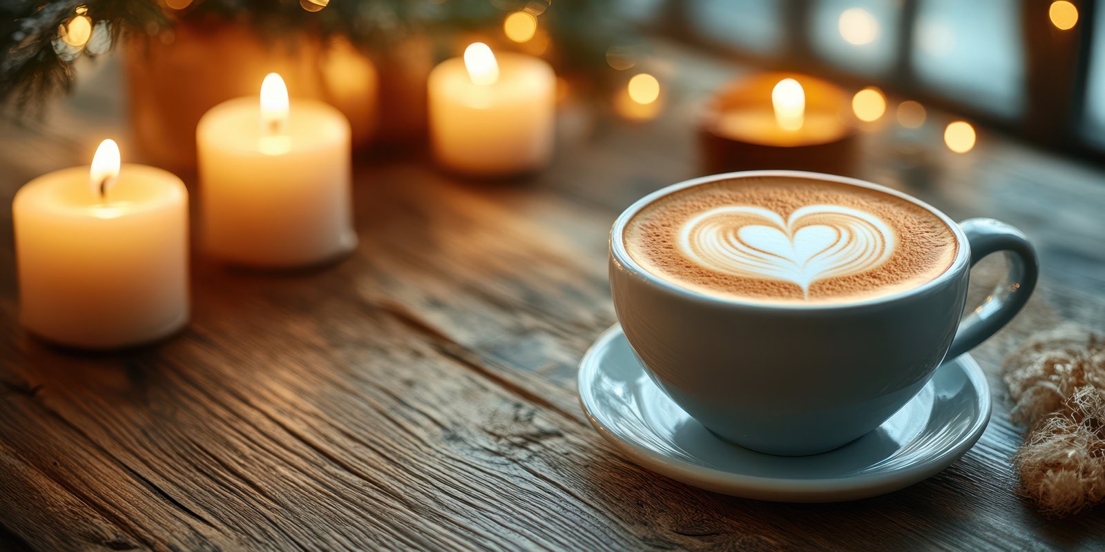 Warm cup of coffee with heart design served beside glowing candles in a cozy setting